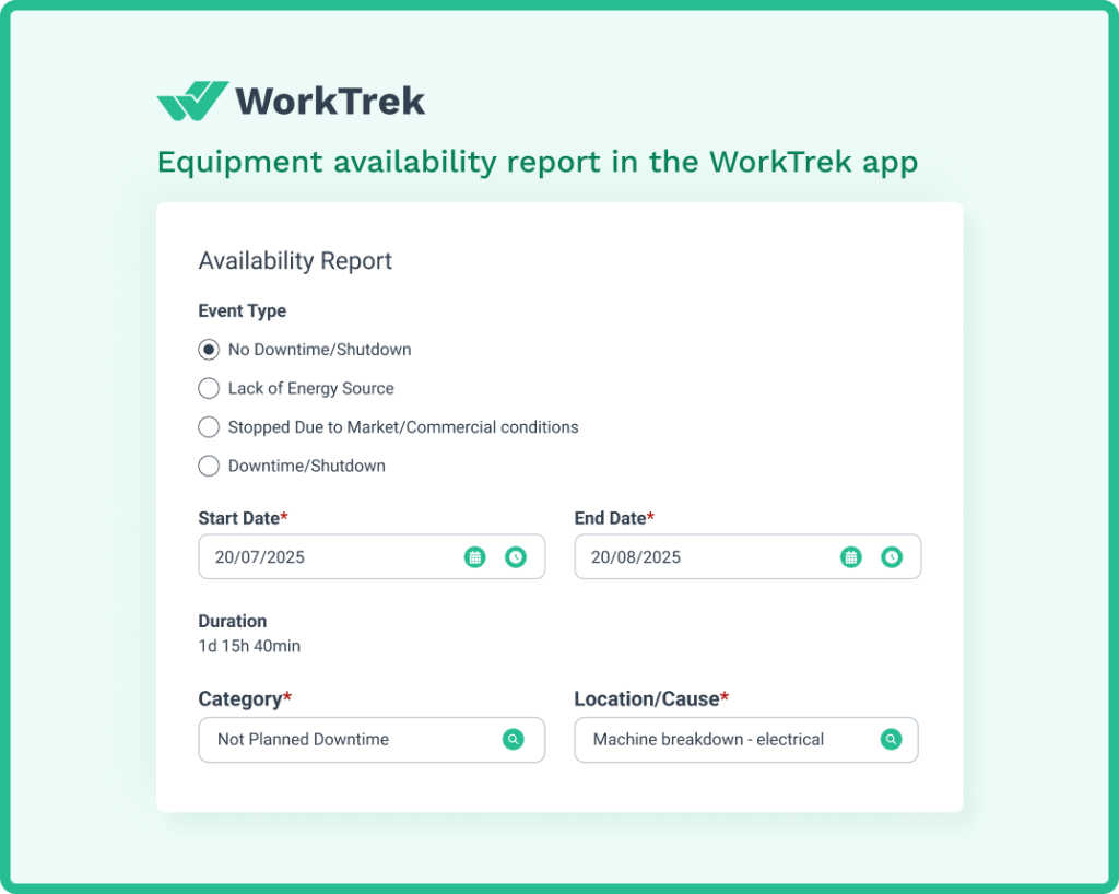 Equipment availability report in the WorkTrek app