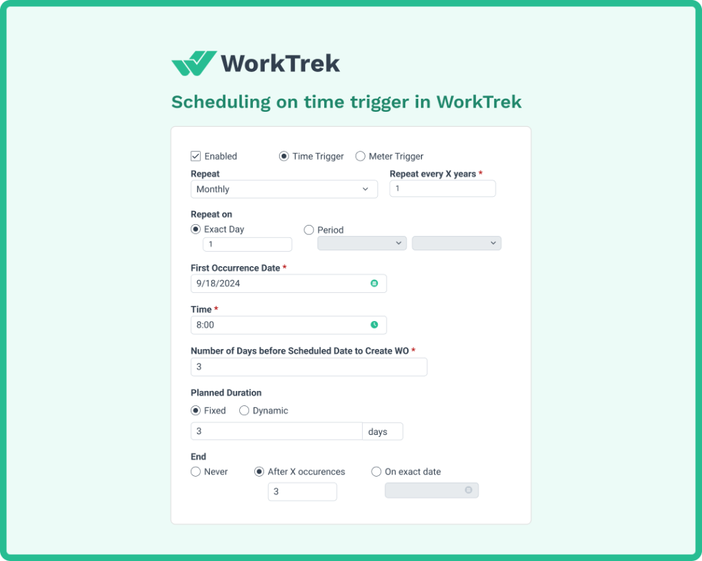 Scheduling work orders in the WorkTrek mobile app based on time triggers