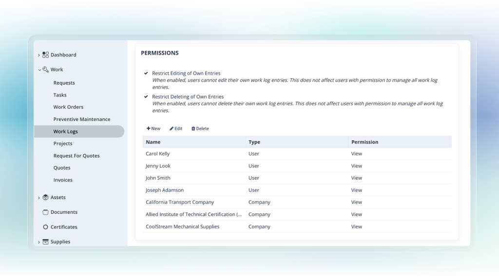 Work log permissions in WorkTrek