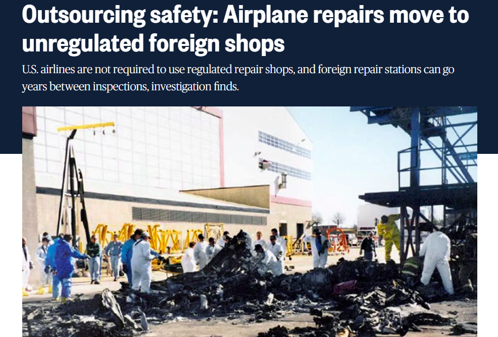 screenshot of a news article on an airplane crash caused by outsourced maintenance