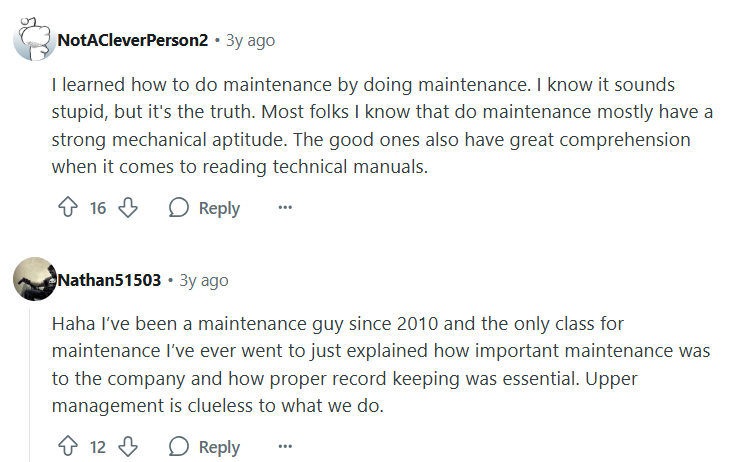 reddit comments on how maintenance technicians don't receive maintenance training