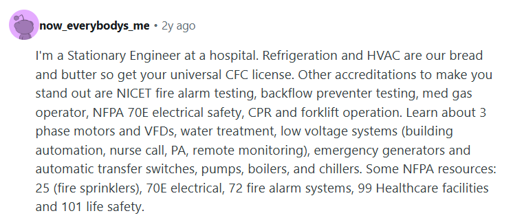 screenshot of a reddit comment on training accreditations for healthcare facility maintenance