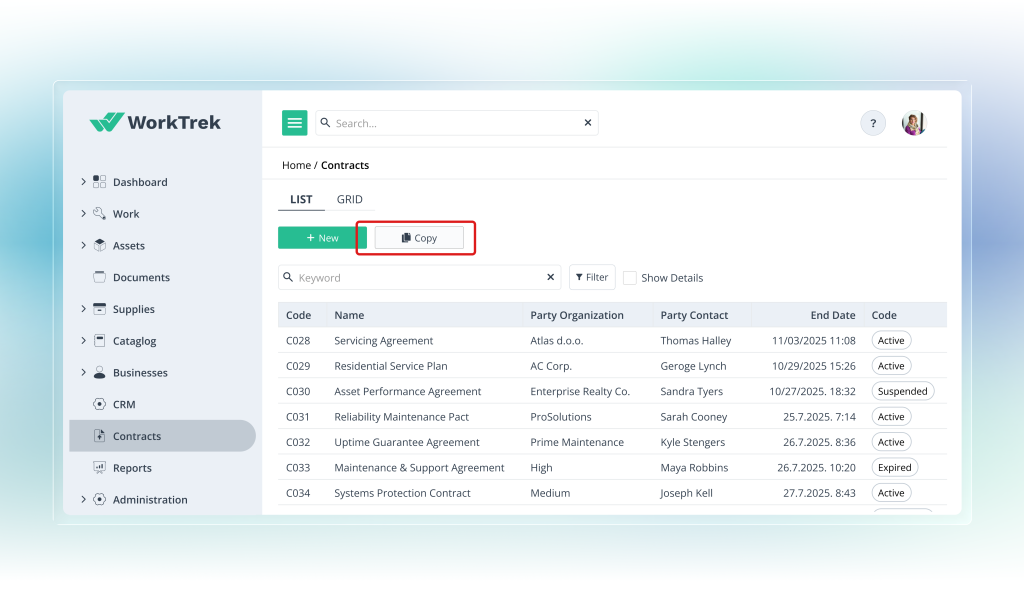 Copy contract button in the WorkTrek web app