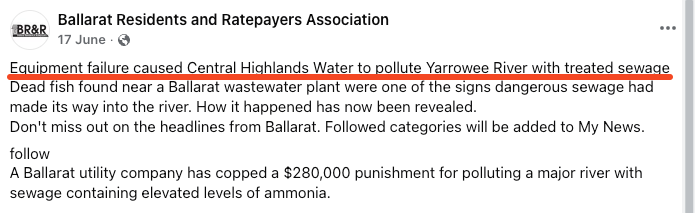 screenshot of the story on water pollution near a Ballarat wastewater plant in Australia