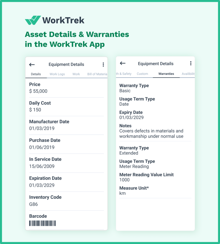 Equipment details and warranties in the WorkTrek App