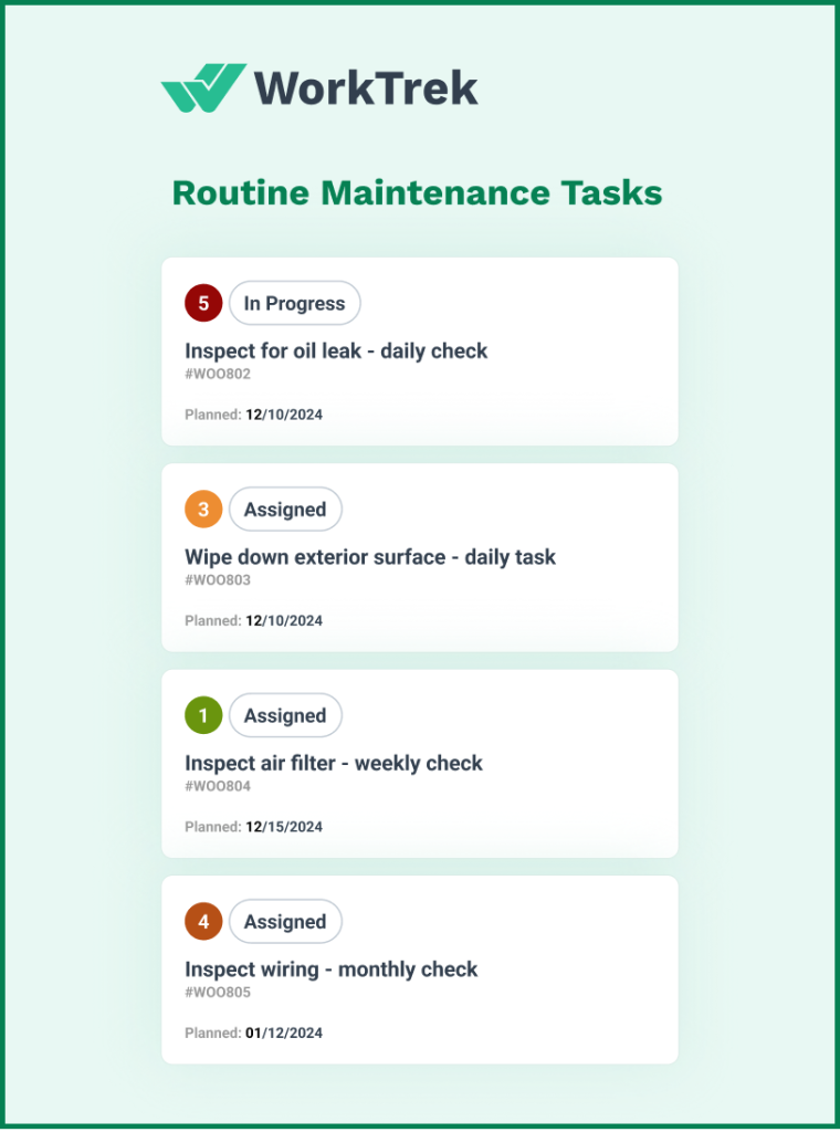 Routine mainteannce task card in the WorkTrek app