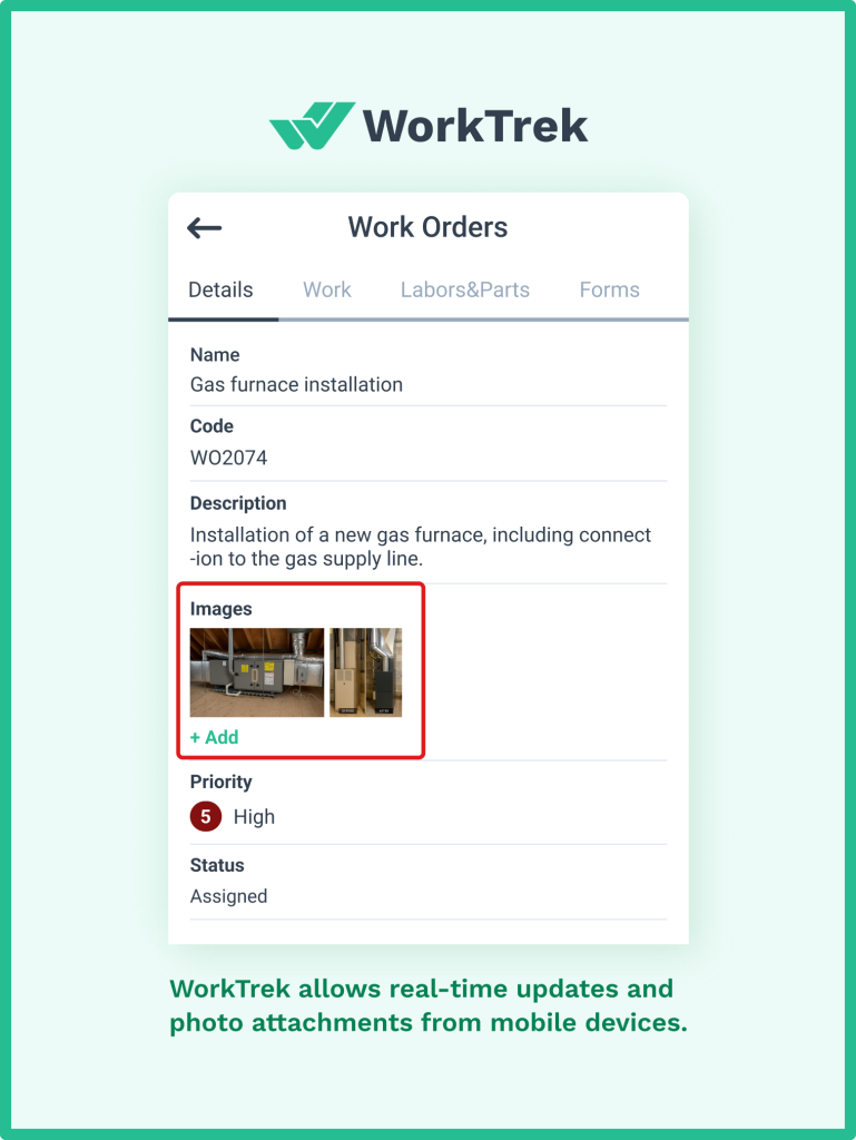 Uploaded images to a work order in the WorkTrek mobile app