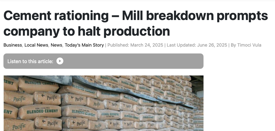 screenshot of a news article on a mill breakdown at a major cement manufacturer, Pacific Cement Limited
