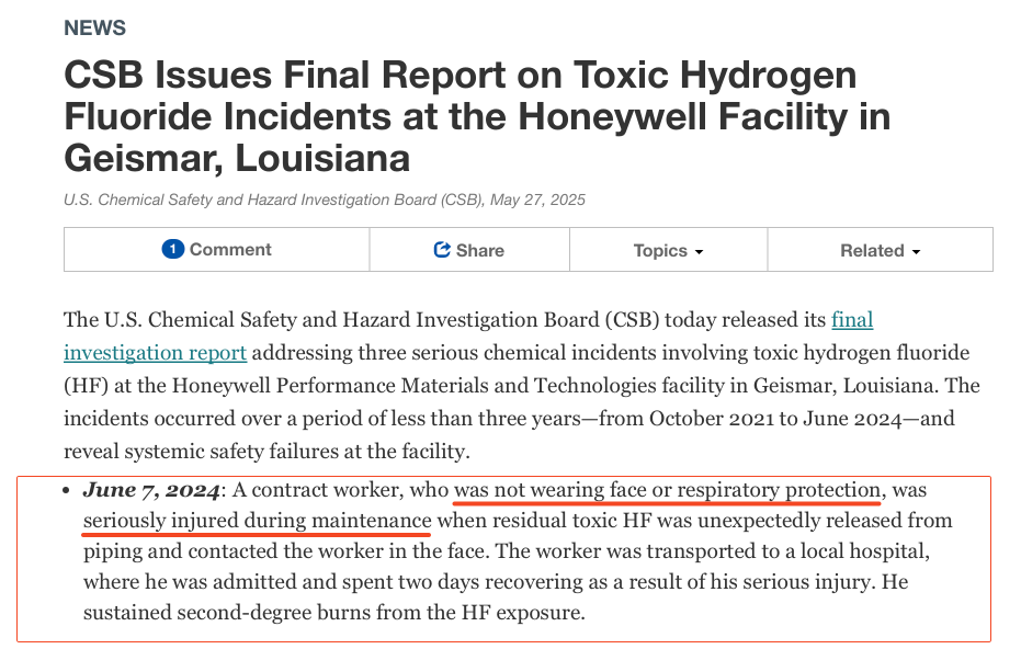 screenshot of a news article on the June 2024 incident at the Honeywell Facility