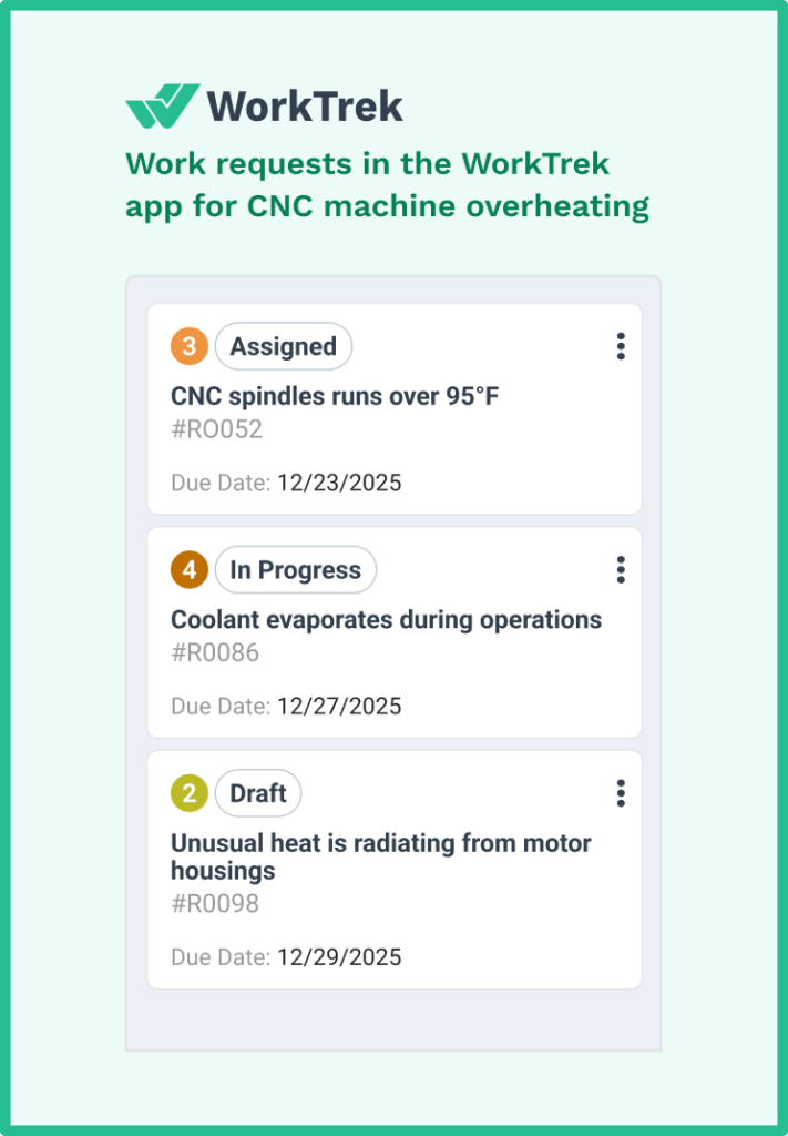 Requests for CNC machine overheating in the WorkTrek mobile app