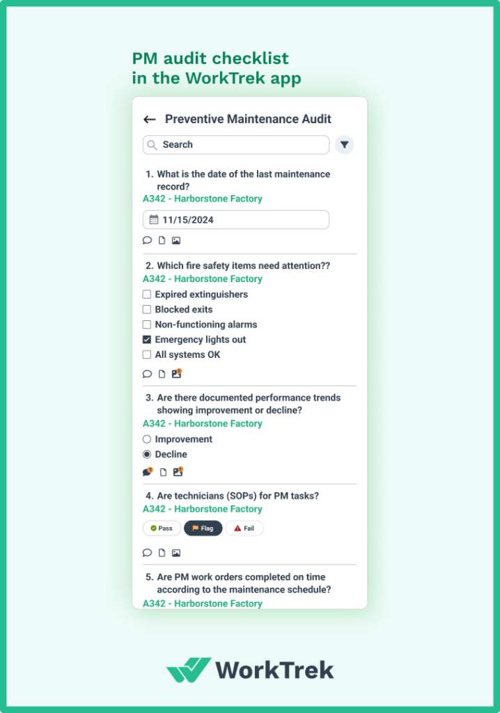 PM audit checklist in the WorkTrek mobile app