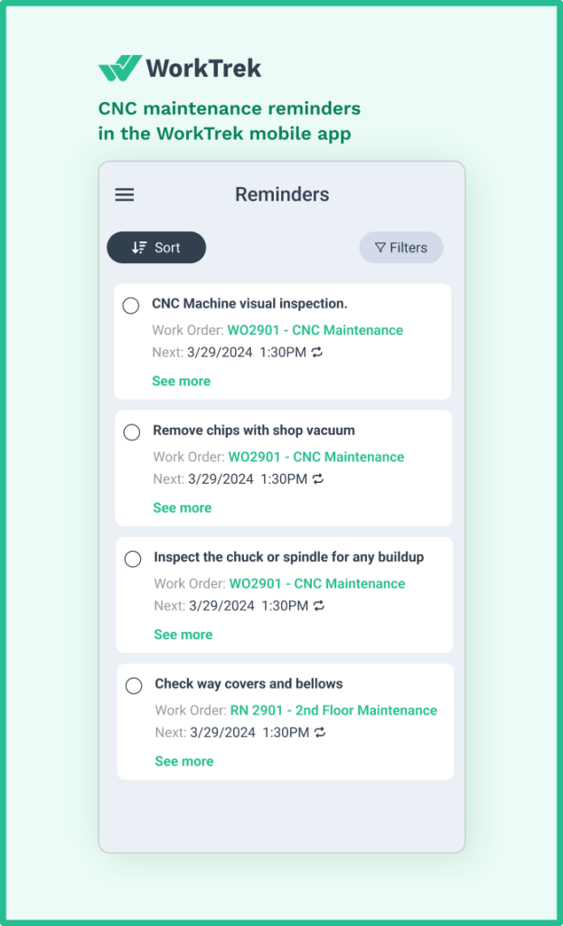 Reminders for the CNC machine maintenance in the WorkTrek mobile app