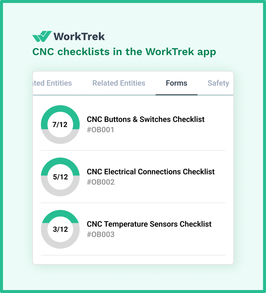 CNC safety checklist in the WorkTrek mobile app