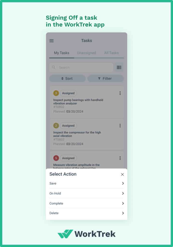 Signing off a task in the WorkTrek mobile app