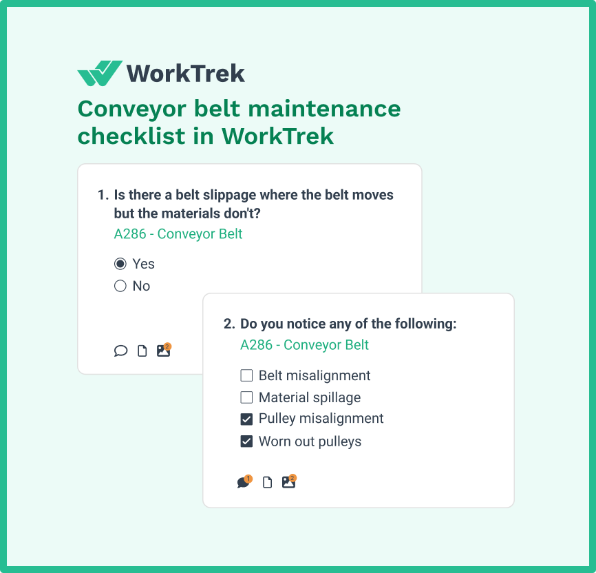 Conveyor belt maintenance checklist questions in the WorkTrek app