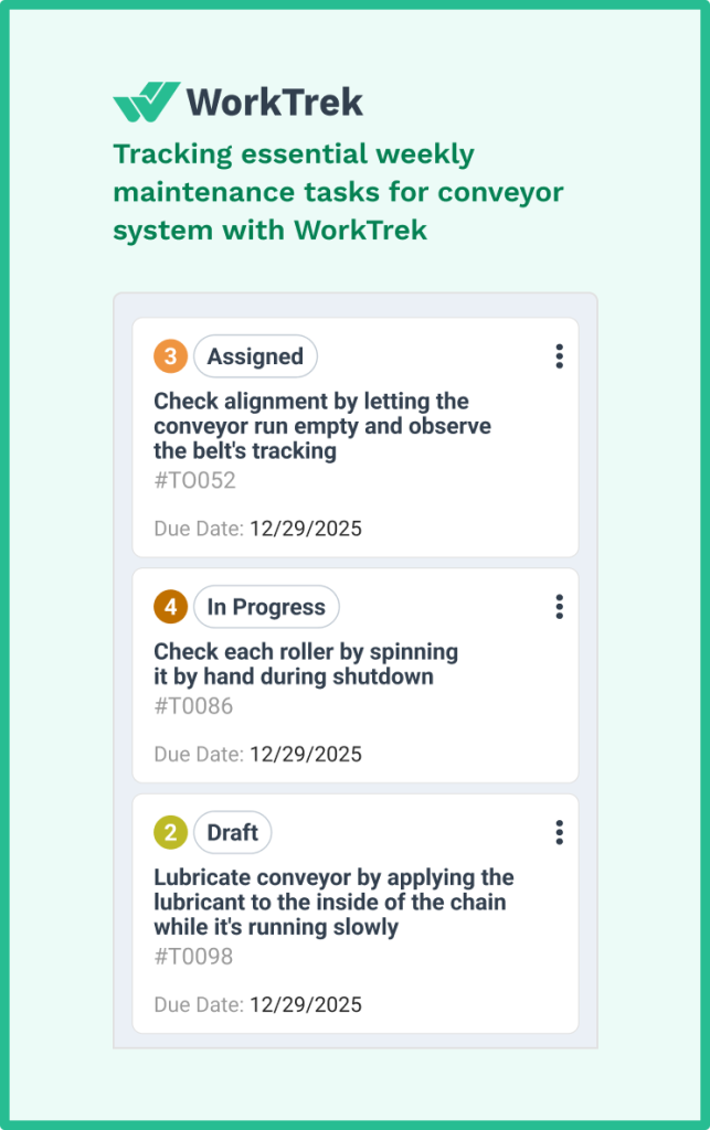 Essential weekly maintenance tasks for the conveyor system in the WorkTrek app
