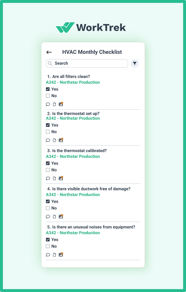 HVAC monthly checklist in the WorkTrek mobile app