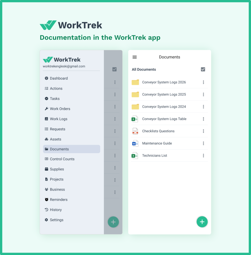 Documentation for the conveyor system maintenance in the WorkTrek app