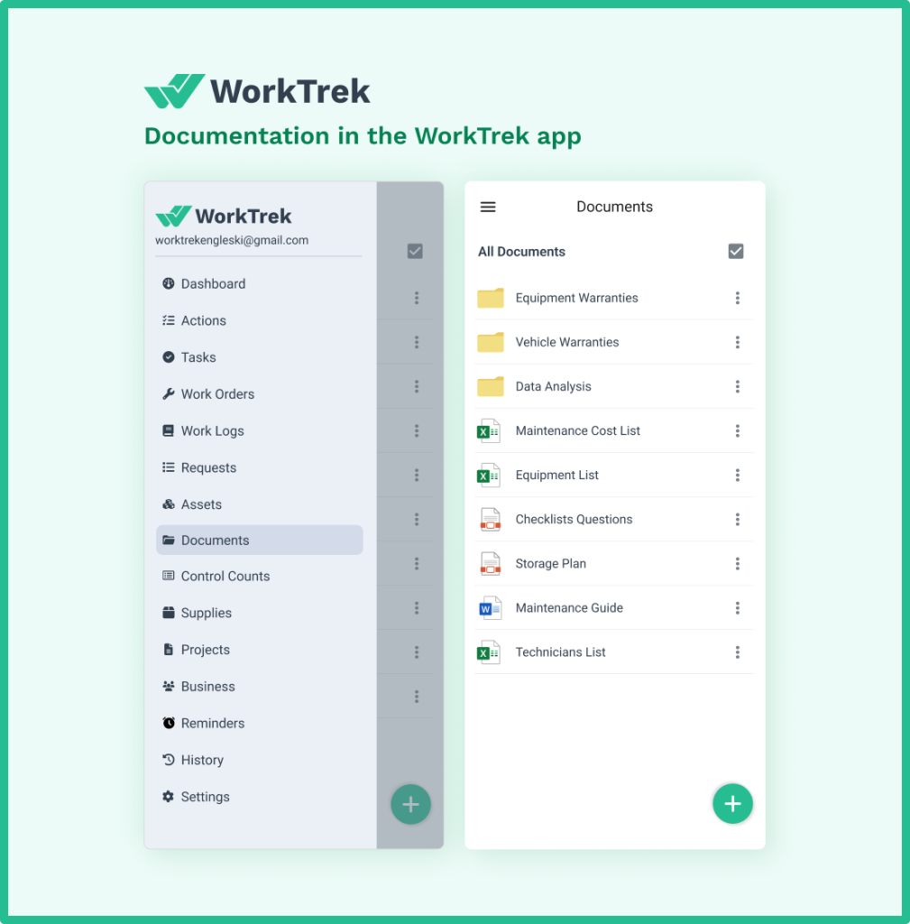 Documentation for the farm equipment maintenance in the WorkTrek mobile app