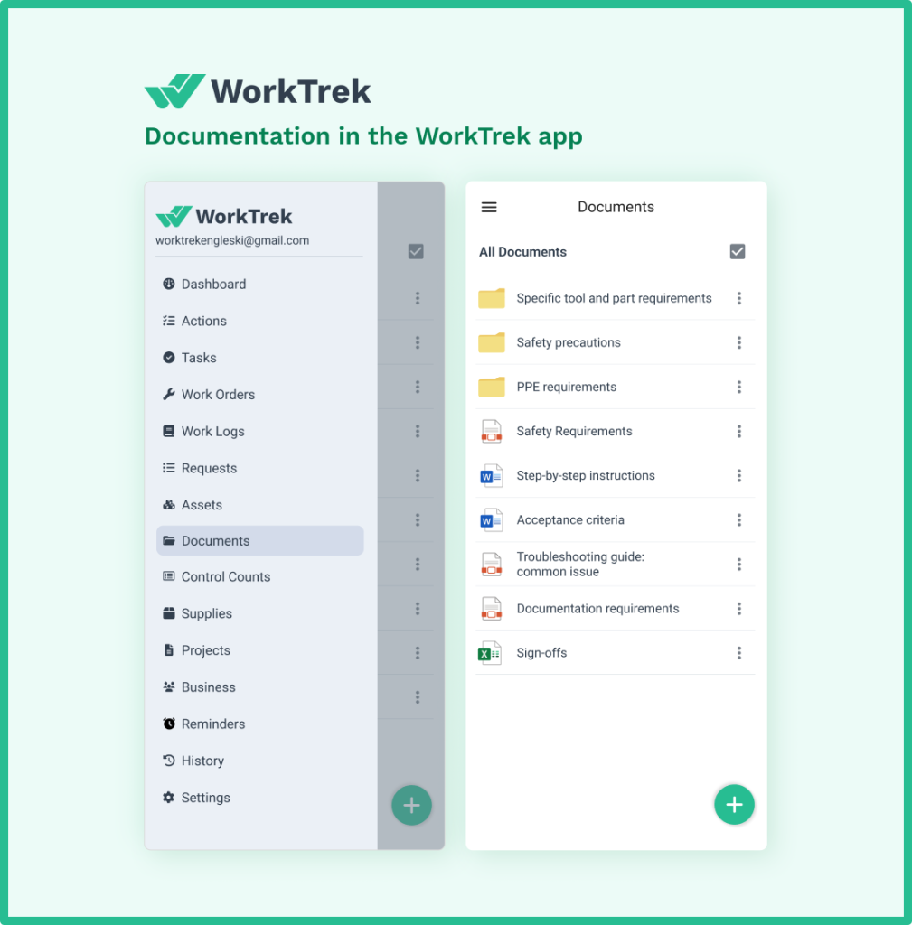 Documentation in the WorkTrek app