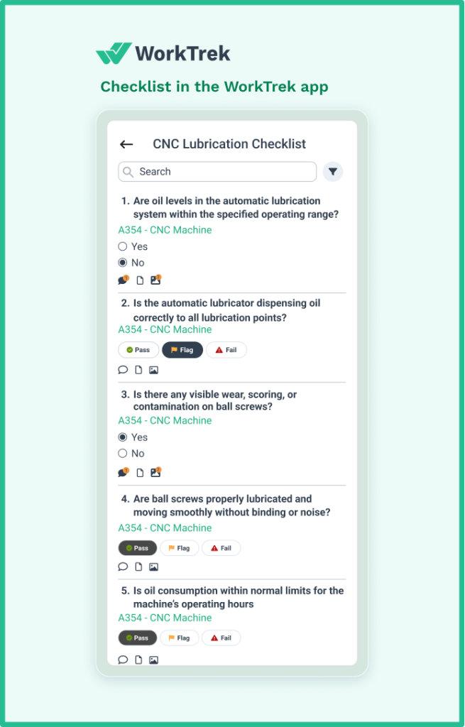 CNC machine lubrication checklist in the WorkTrek mobile app