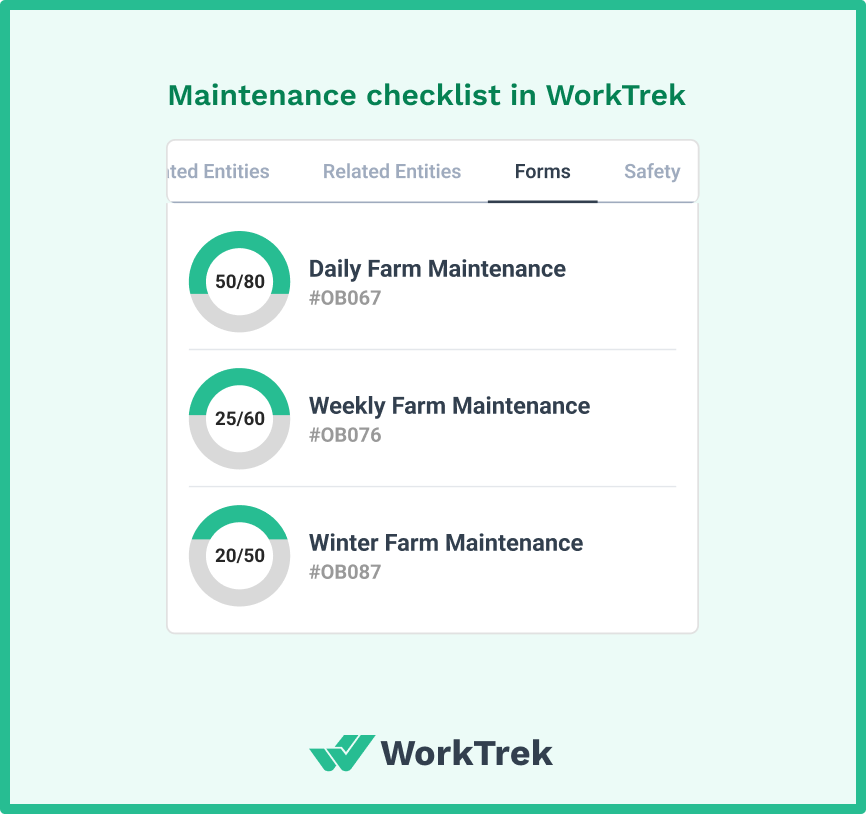 Farm equipment maintenance checklists in the WorkTrek app