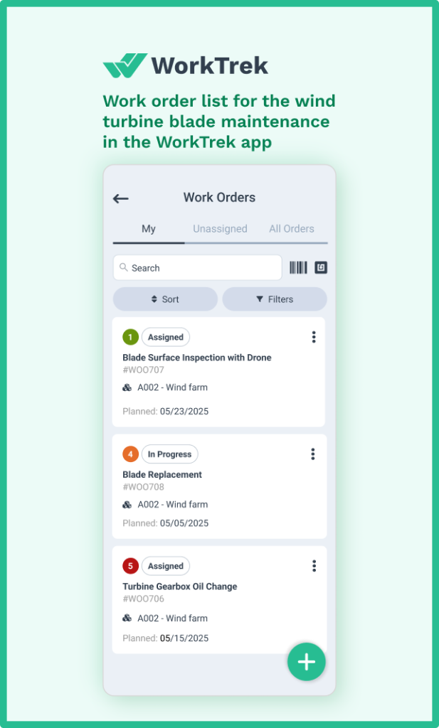 Work order list for the wind turbine blade maintenance