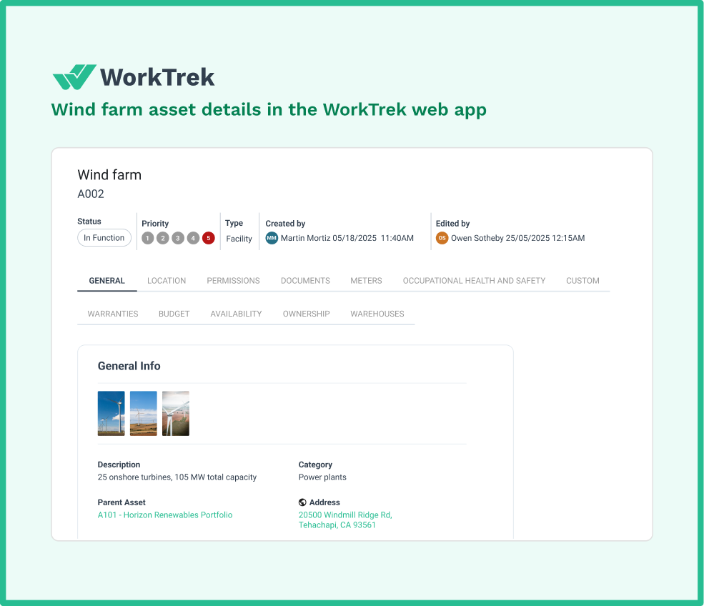 Wind turbine asset details in the WorkTrek app