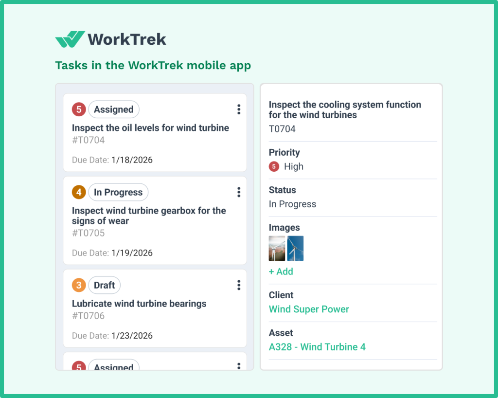 Wind turbine task list and task details in the WorkTrek app