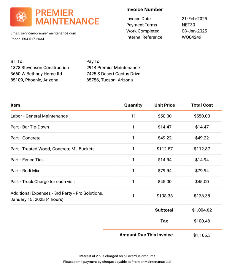 Premier Maintenance invoice