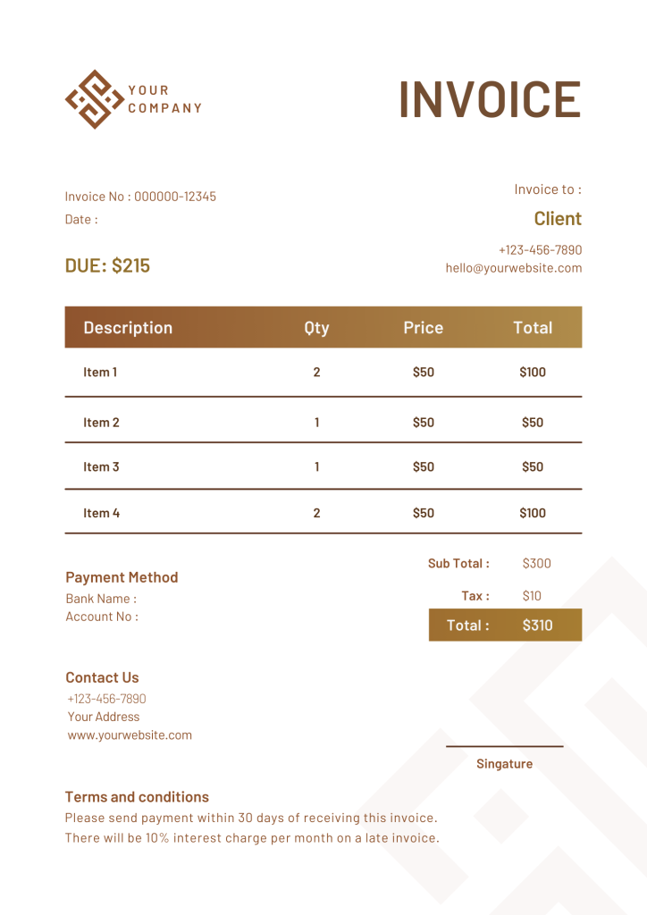 WorkTrek brown minimalist invoice layout