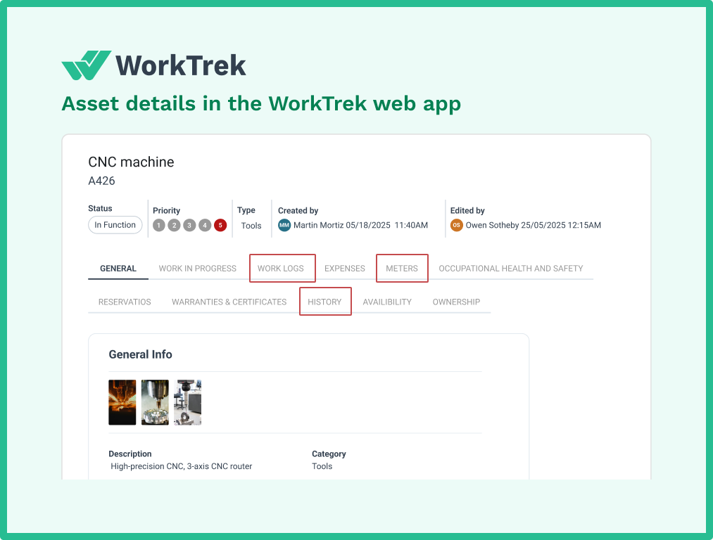 Asset details in the WorkTrek web app