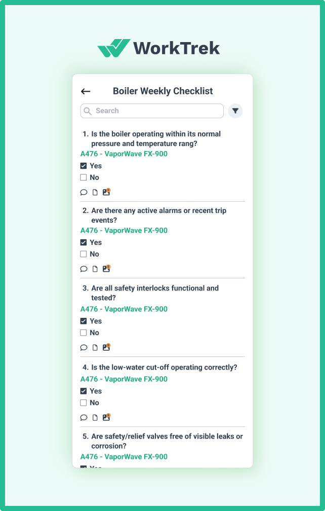 Maintenance checklist for the boiler weekly maintenance
