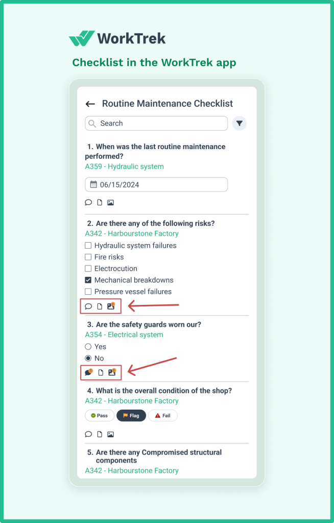 WorkTrek checklists with attached photos, documents and comments