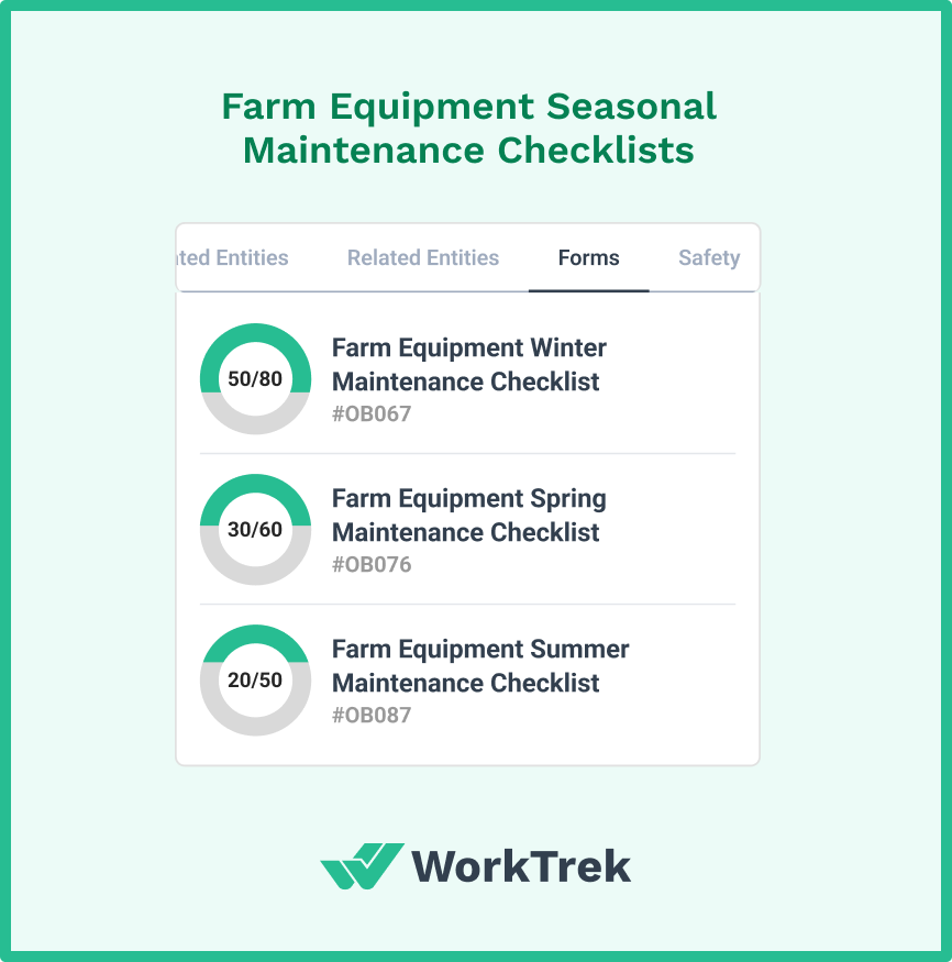 List of the Farm Equipment Seasonal Maintenance Checklists in the WorkTrek mobile app