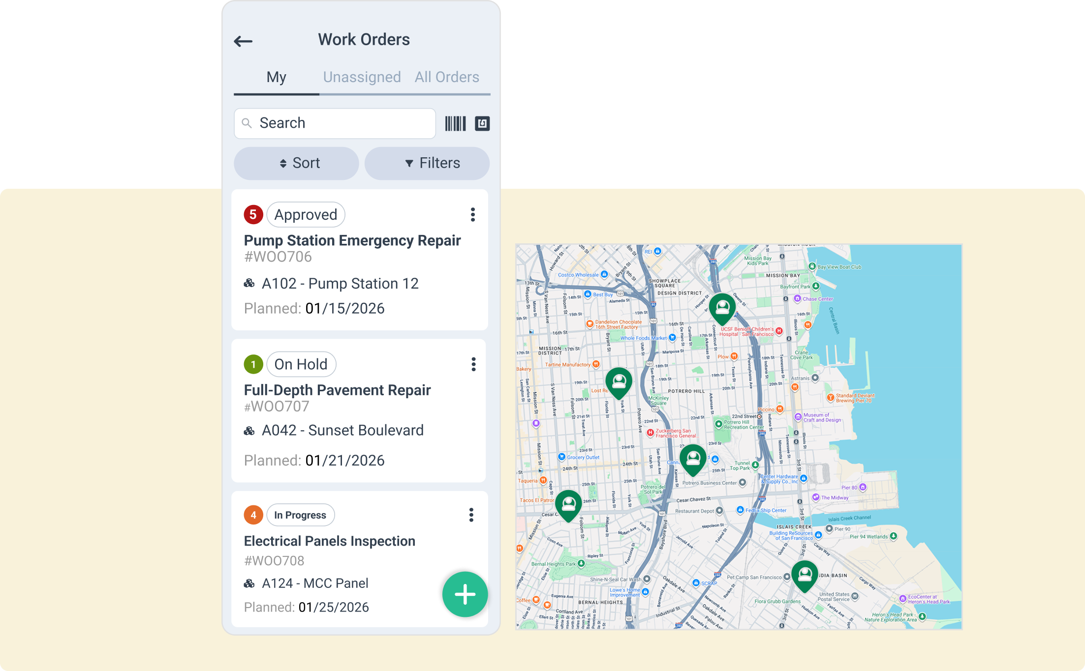 Work orders for the field services on the list and on the map