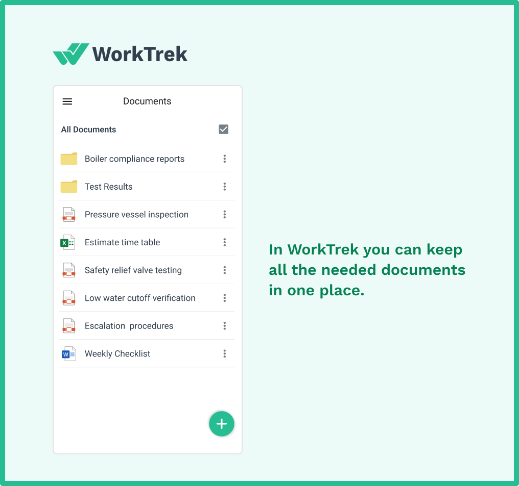 Boiler maintenance documents in the WorkTrek app