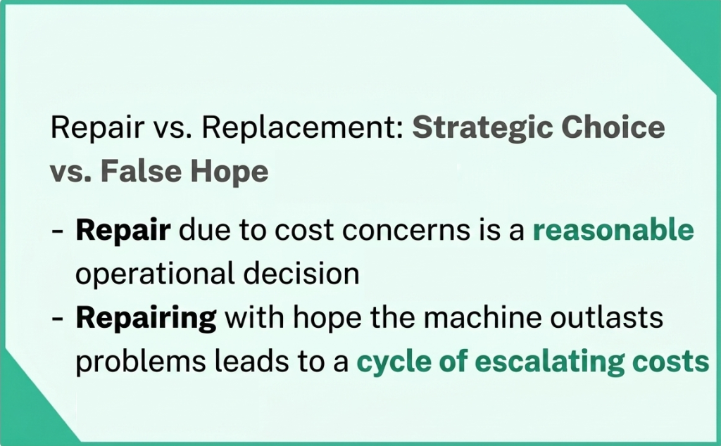 Choosing repair because replacement feels too expensive is reasonable.

Choosing repair because you’re hoping the machine will outlast its

problems is how organizations end up in a cycle of escalating costs. 