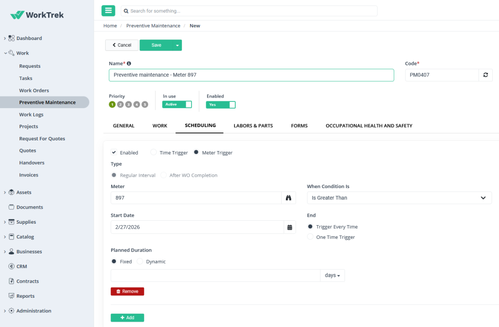 A screenshot of the WorkTrek asset management software interface showing the creation of a New Preventive Maintenance schedule.