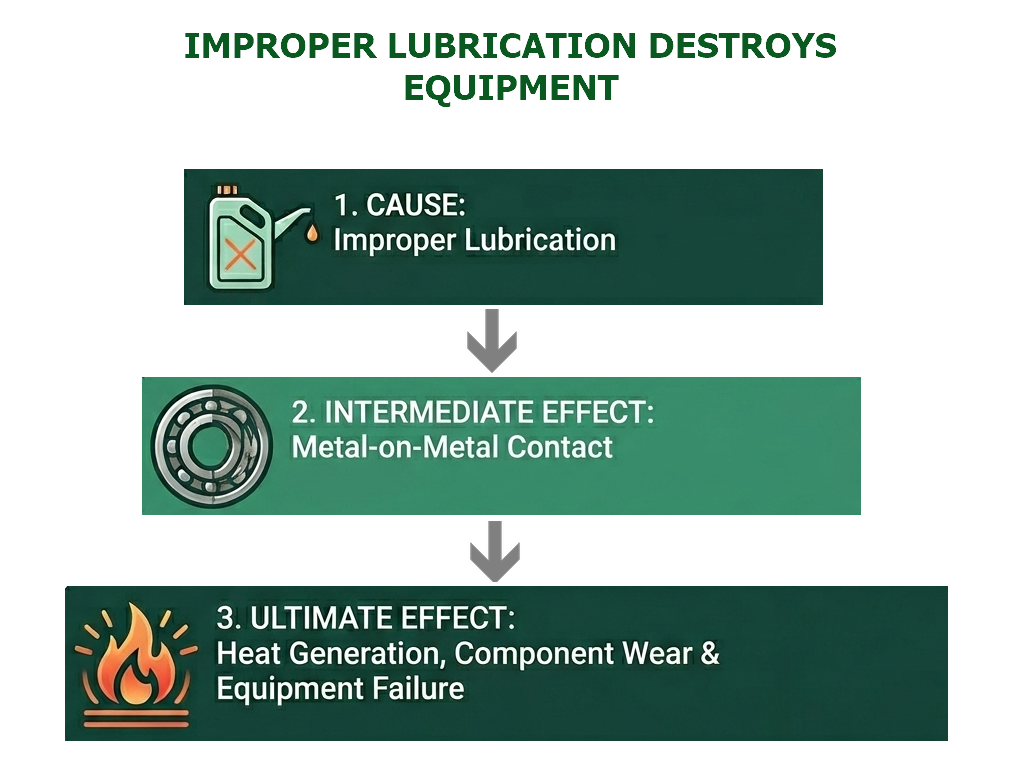 Main Title: "IMPROPER LUBRICATION DESTROYS EQUIPMENT"

Step 1: Shows an oil can with a red 'X' and a drop, labeled "1. CAUSE: Improper Lubrication".

Step 2: Depicts a cross-section of a dry bearing, labeled "2. INTERMEDIATE EFFECT: Metal-on-Metal Contact".

Step 3: Illustrates a flame rising from a flat surface, labeled "3. ULTIMATE EFFECT: Heat Generation, Component Wear & Equipment Failure".