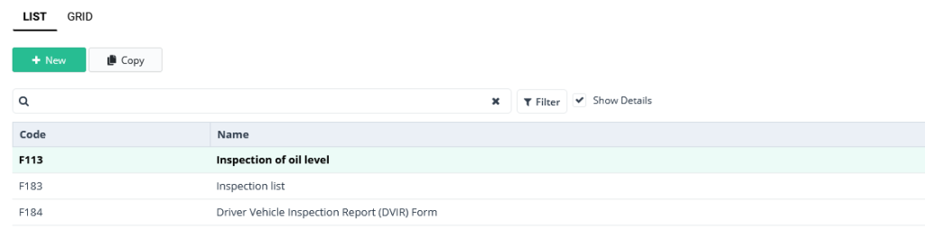 List of Inspection form in WorkTrek