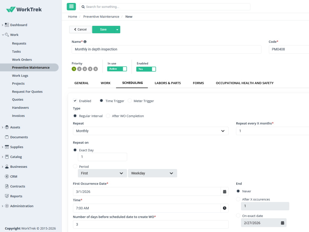 A screenshot of the WorkTrek preventive maintenance scheduling interface for a task named "Monthly in depth inspection" (Code: PM0408). The "Scheduling" tab is active, showing a Time Trigger set to a "Regular Interval."