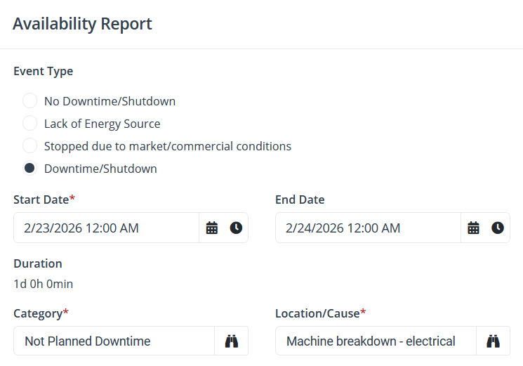 Screenshot of an “Availability Report” form with “Downtime/Shutdown” selected as the event type. The start date is 2/23/2026 12:00 AM and the end date is 2/24/2026 12:00 AM, showing a duration of 1 day. Category is set to “Not Planned Downtime,” and Location/Cause is “Machine breakdown - electrical.”