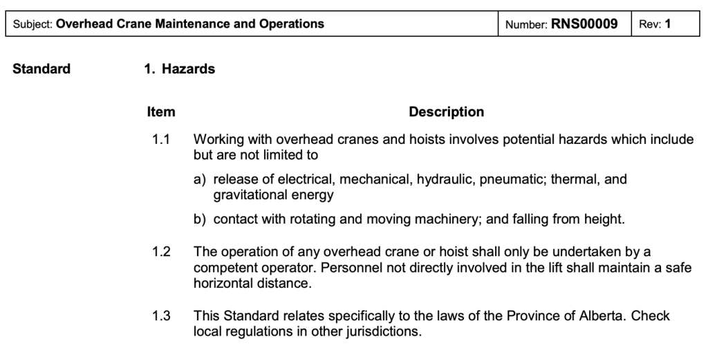 Overhead crane maintenance hazards procedure document screenshot