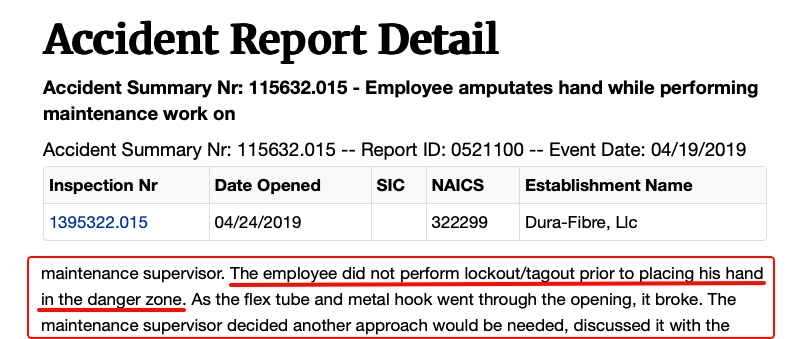 OSHA accident report screenshot showing lockout tagout violation