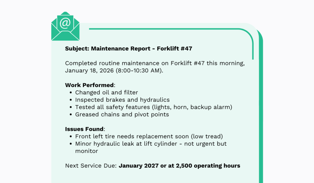 example of an email maintenance report