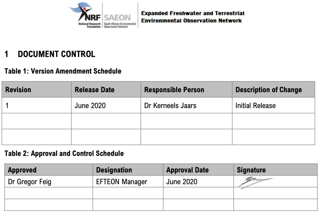 Document control version amendment schedule table example