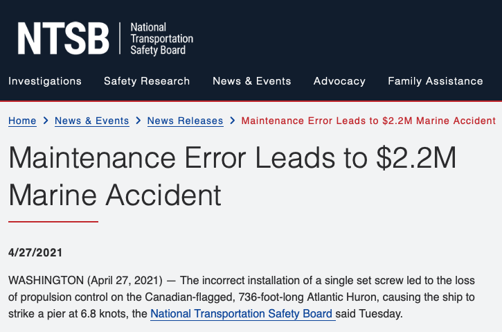 Maintenance Error Leads to $2.2M Marine Accident news article headline