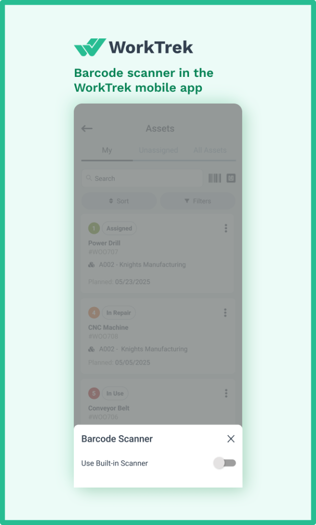 Barcode scanner in the WorkTrek mobile app