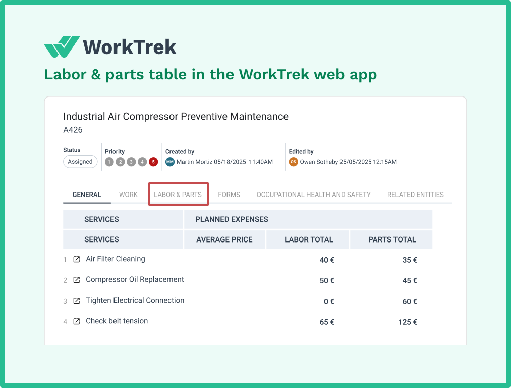 Labor and parts table in the WorkTrek web app